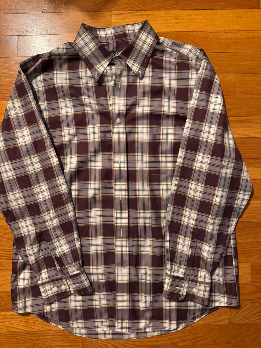 Orvis Men’s Large Plaid Shirt Burgundy Gray 100% Cotton Long Sleeve Button Down